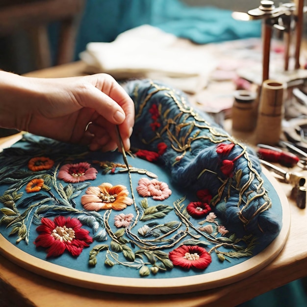 Artystka haftująca kwiatowy wzór w pracowni